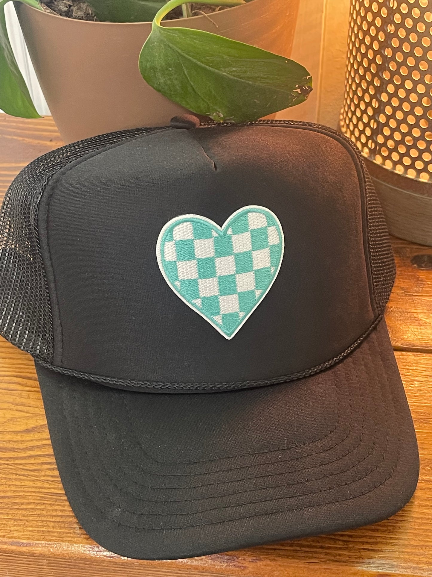 White/Turquoise Checkered Hat