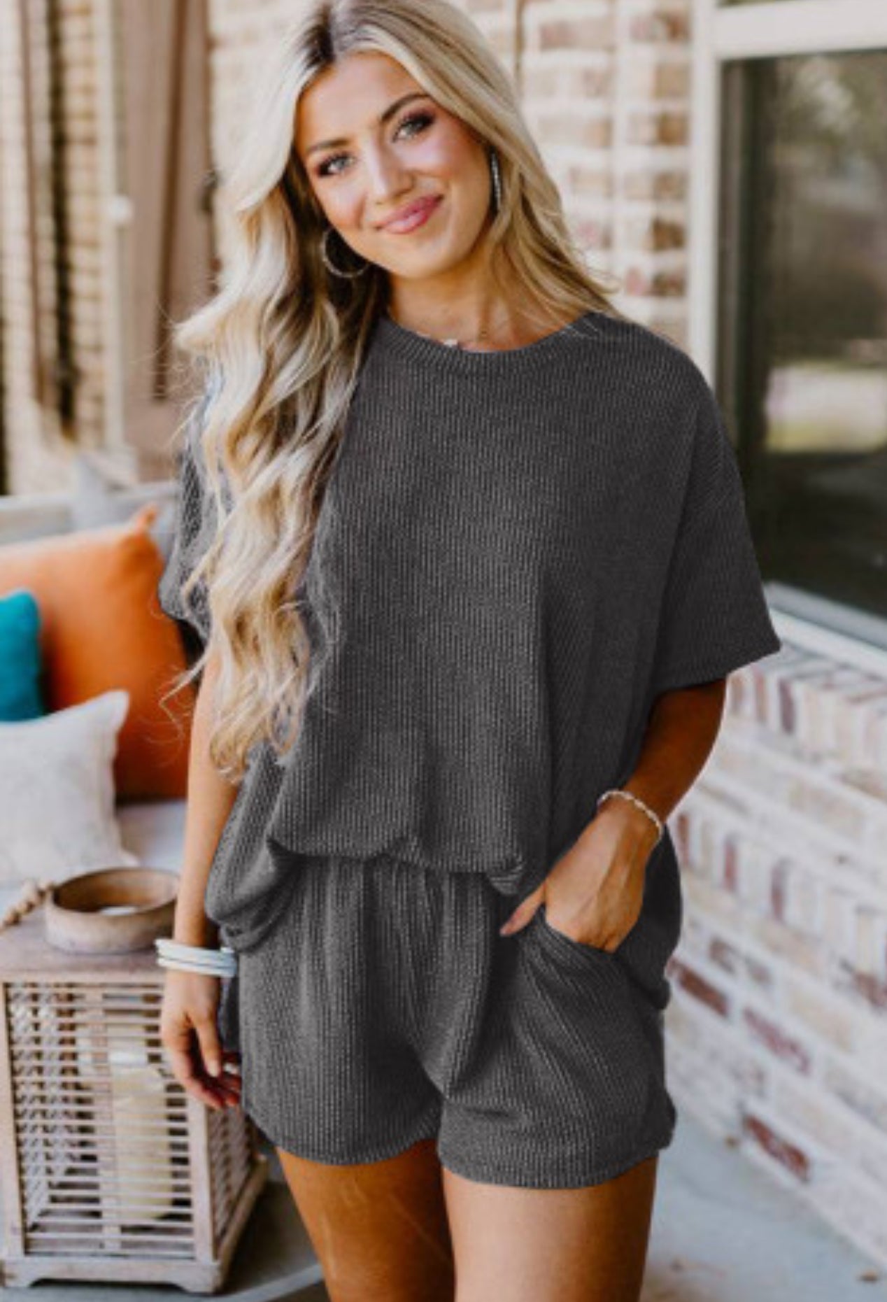 Ribbed Textured Knit Loose Fit Tee & Short set