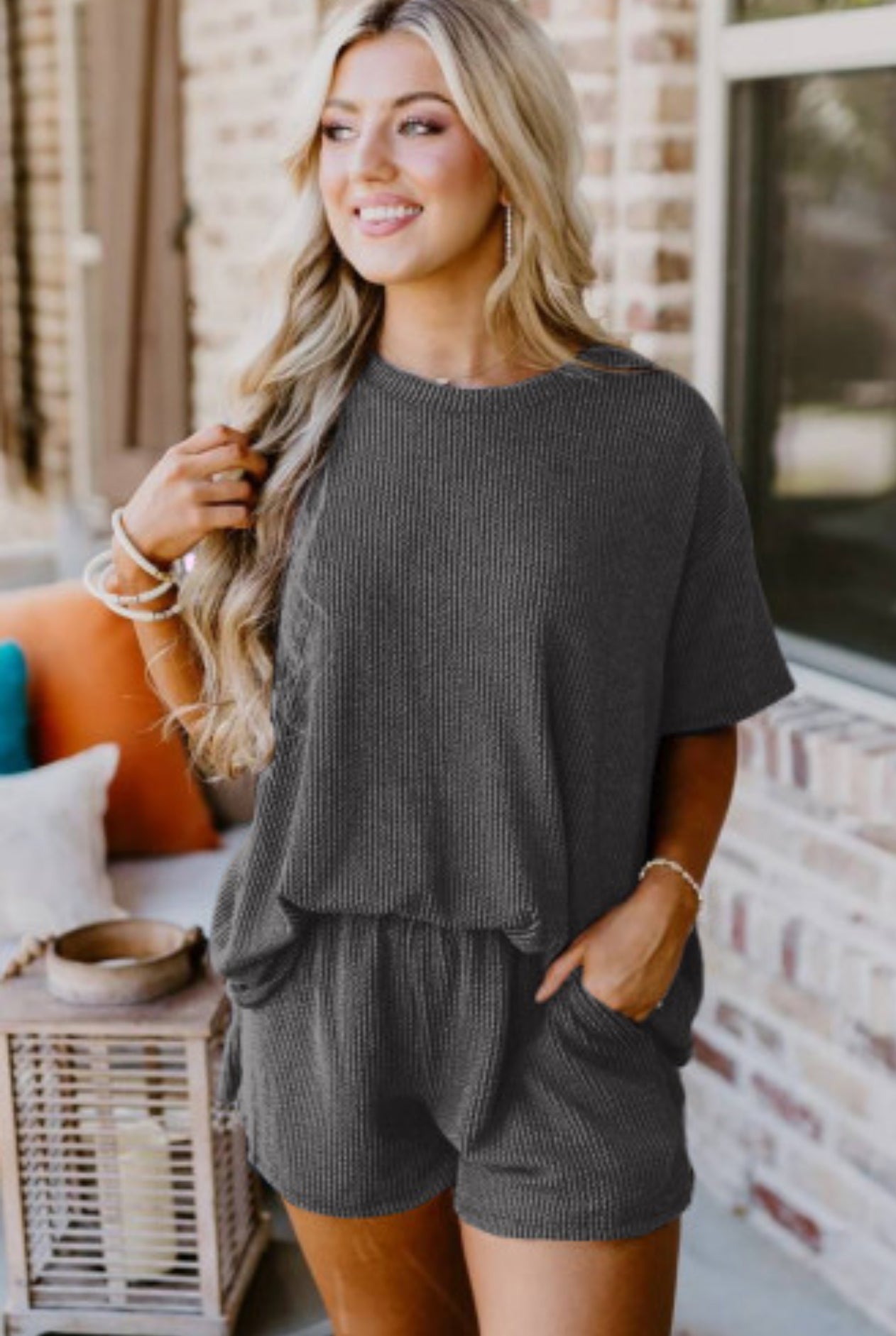 Ribbed Textured Knit Loose Fit Tee & Short set