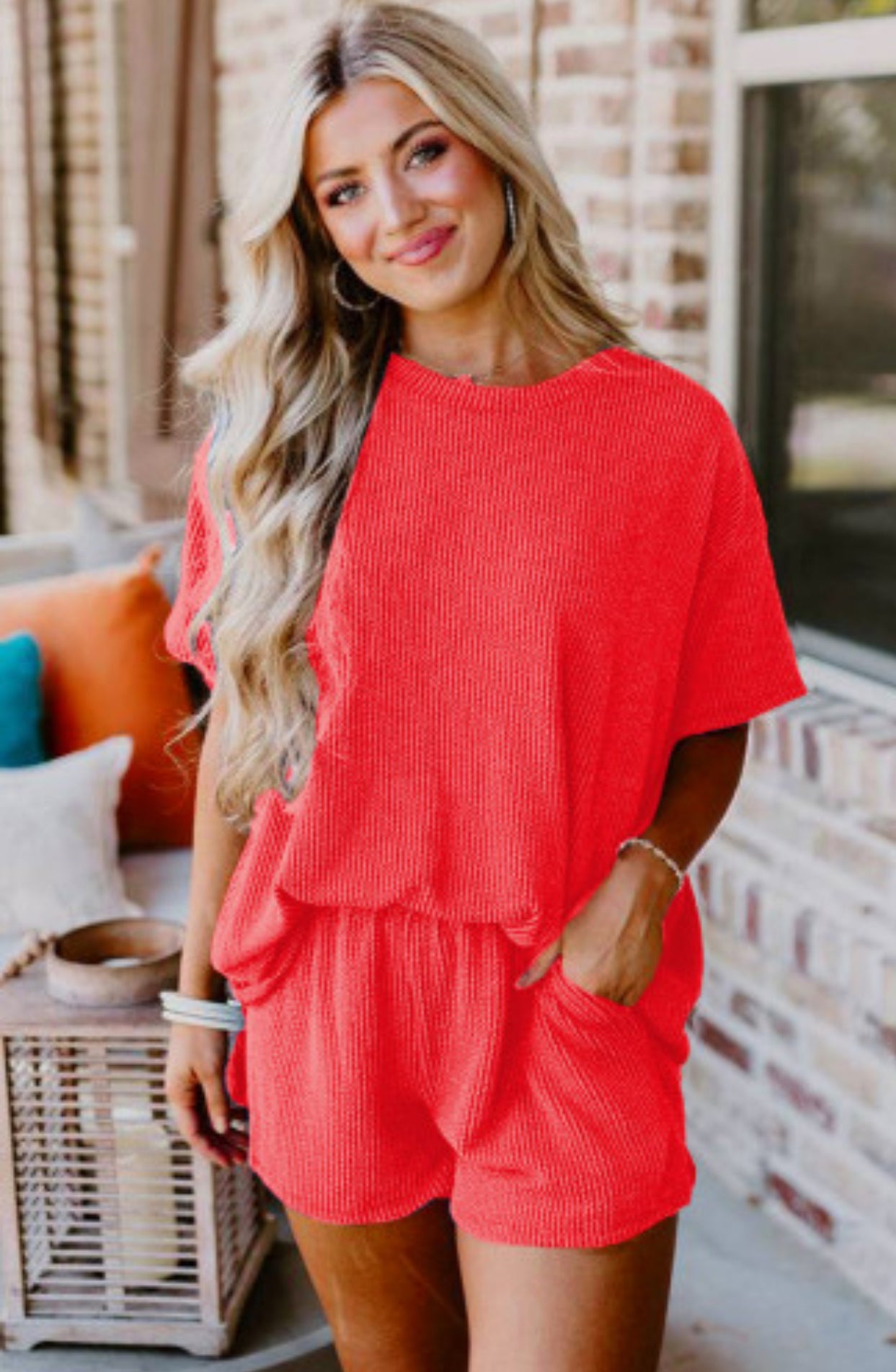 Ribbed Textured Knit Loose Fit Tee & Short set