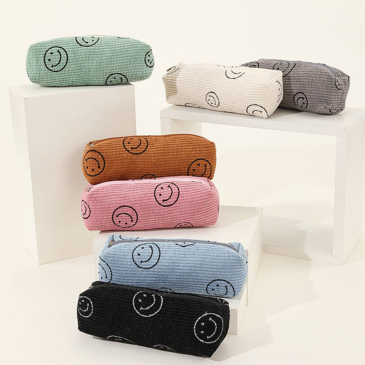 PORTABLE SMILING CORDUROY PENCIL CASE COSMETIC BAG