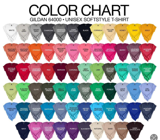 Color chart for Gildan 64000 Unisex Softstyle T-Shirts showing various colors.