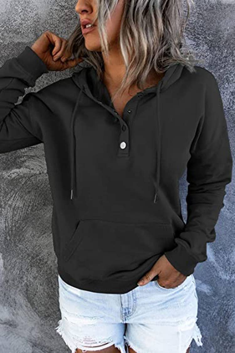 LONG-SLEEVE LOOSE HOODED DRAWSTRING POCKET HOODIE