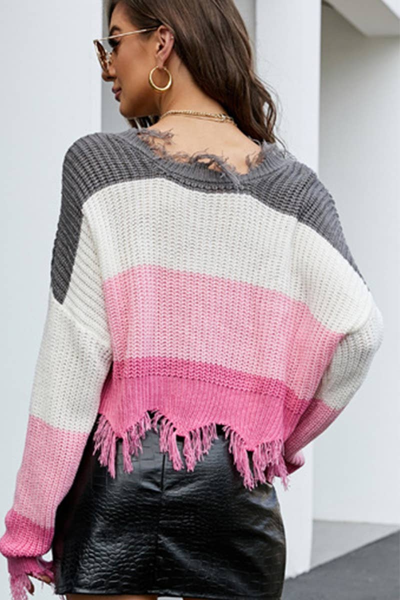 WOMEN COLOR BLOCK DISTRESSED KNIT SWEATER