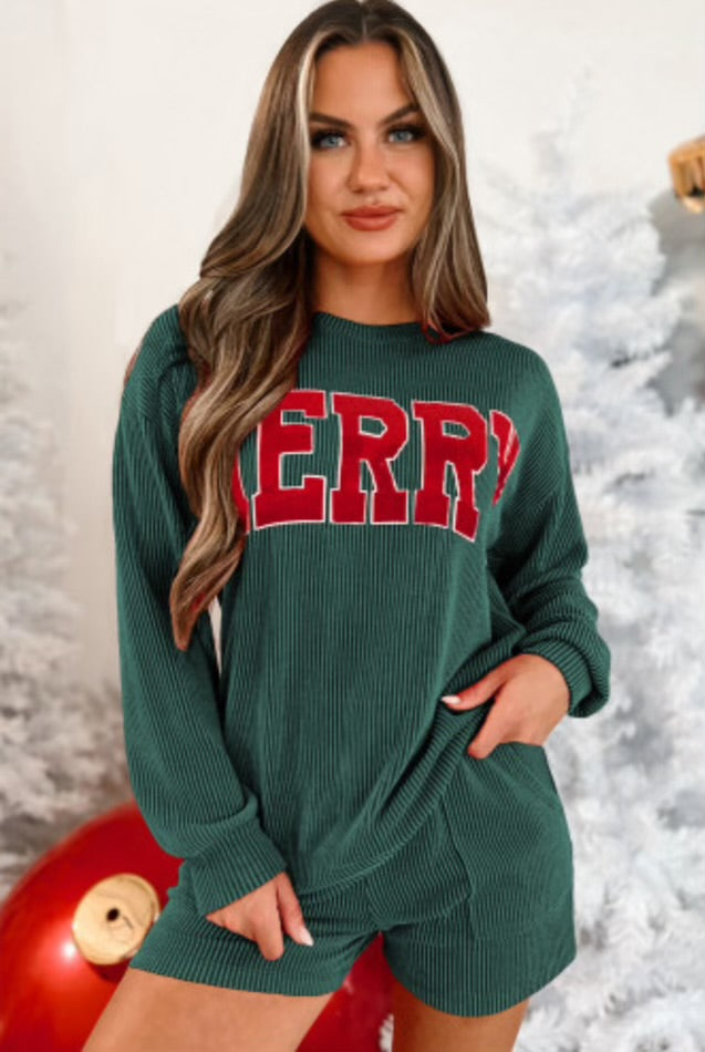 Evergreen Corded MERRY Graphic Long Sleeve Top and Shorts Set