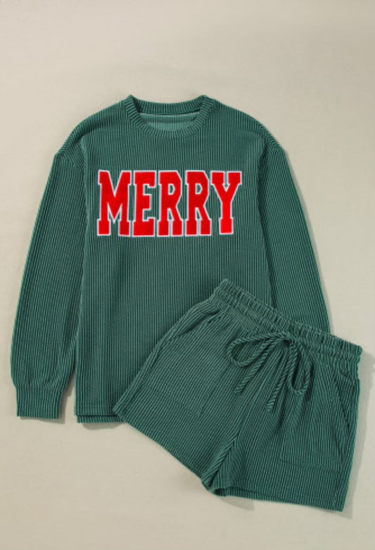 Evergreen Corded MERRY Graphic Long Sleeve Top and Shorts Set