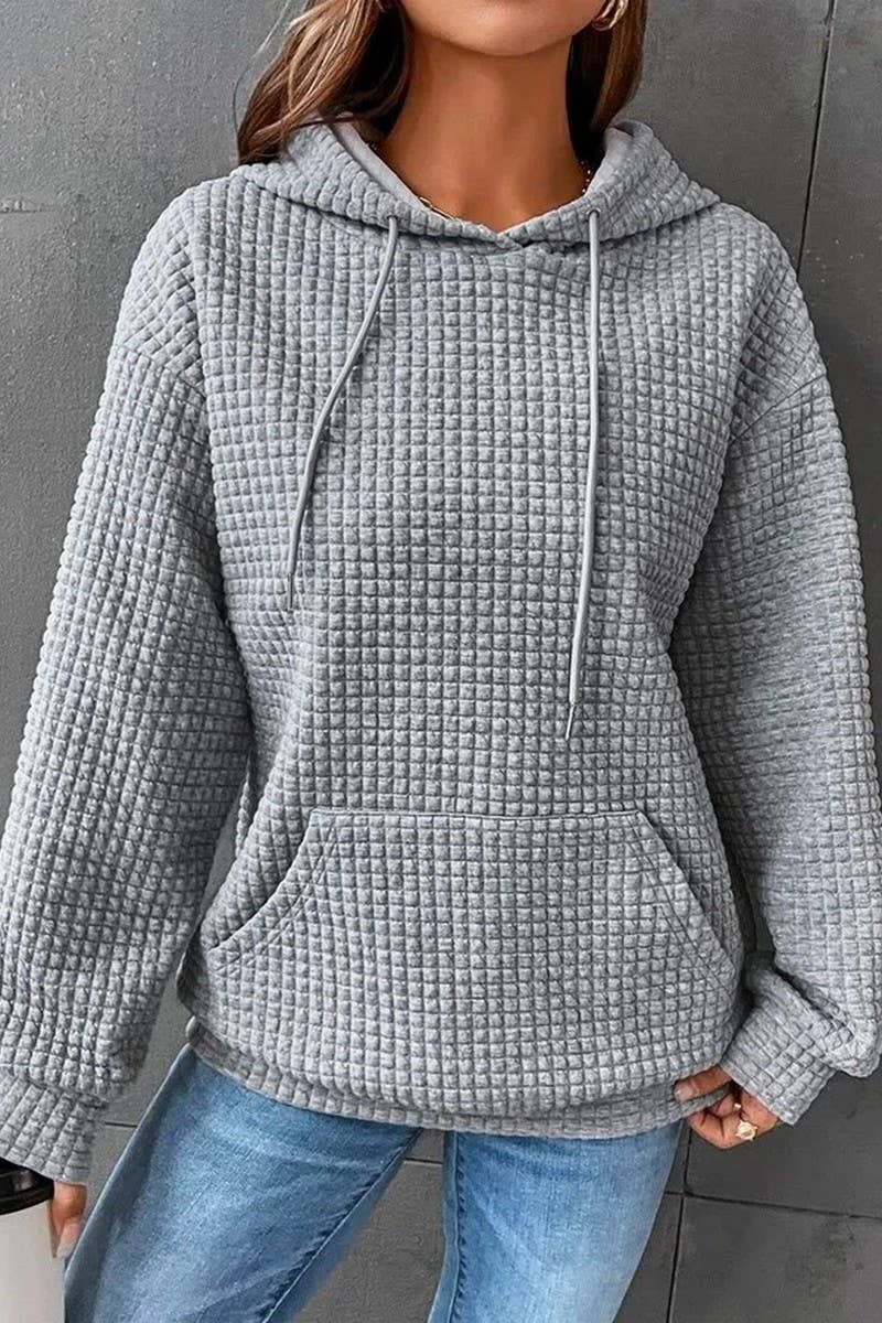 WOMEN DRAWSTRING WAFFLE LONG PULLOVER HOODIE