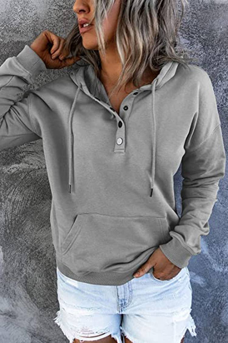LONG-SLEEVE LOOSE HOODED DRAWSTRING POCKET HOODIE