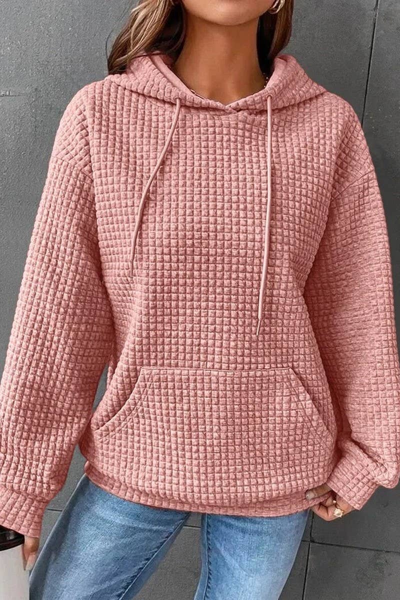 WOMEN DRAWSTRING WAFFLE LONG PULLOVER HOODIE